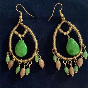 Green and gold color beaded drop/dangle earrings